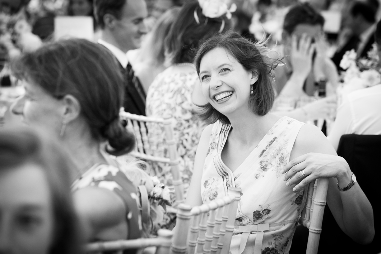 smiling guest speeches black & white wedding photography summer Ovington Hampshire