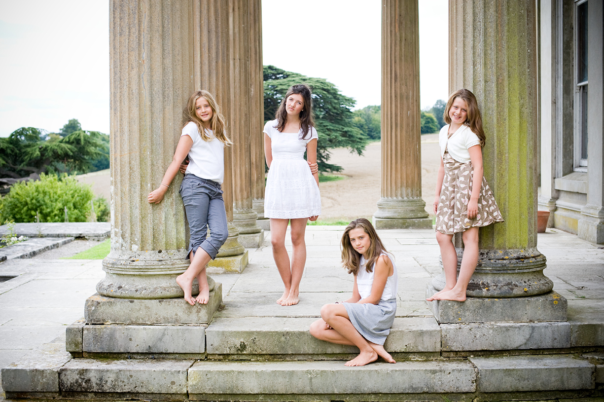 family of four girls, formal colour portrait, The Grange, Northington Hampshire in summer