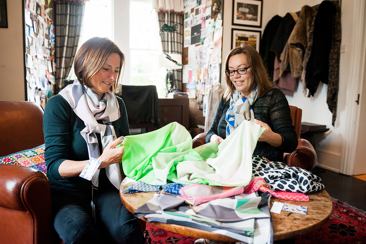 cleverlywrapped.com CEO Harriet Cleverly discusses silk scarf design with Claire Gaudion designer Steventon Hampshire
